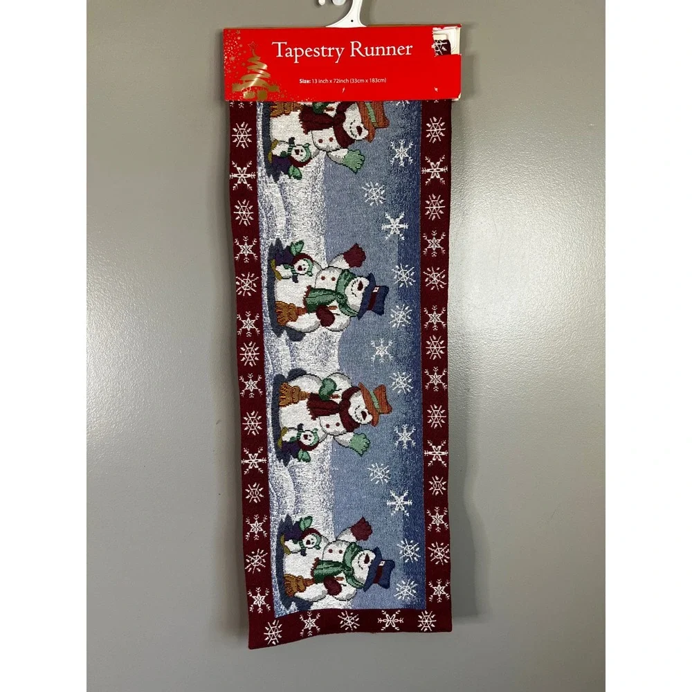 PP Home Collection Snowman Tapestry Table Runner 13x72 Burgundy Blue Christmas